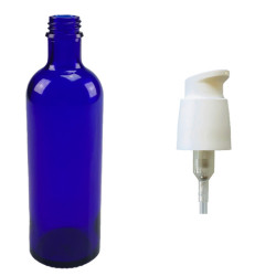 FLACON GOUTTES 200ML VERRE BLEU BAGUE DIN22 + POMPE DISPENSER CREMOSA BLANCHE DIN22