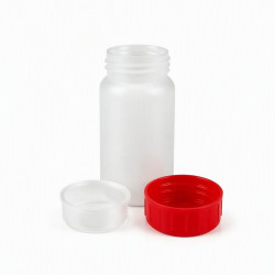 FLACON VISSANT 50ML PEHD NATUREL + OBTURATEUR PE BD NATUREL+ COUVERCLE PEHD ROUGE
