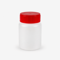 FLACON VISSANT 100ML PEHD NATUREL + OBTURATEUR PEBD NATUREL + COUVERCLE PEHD ROUGE