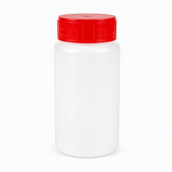 FLACON ROND  VISSANT 150ML PEHD NATUREL + OBTURATEUR + COUVERCLE ROUGE