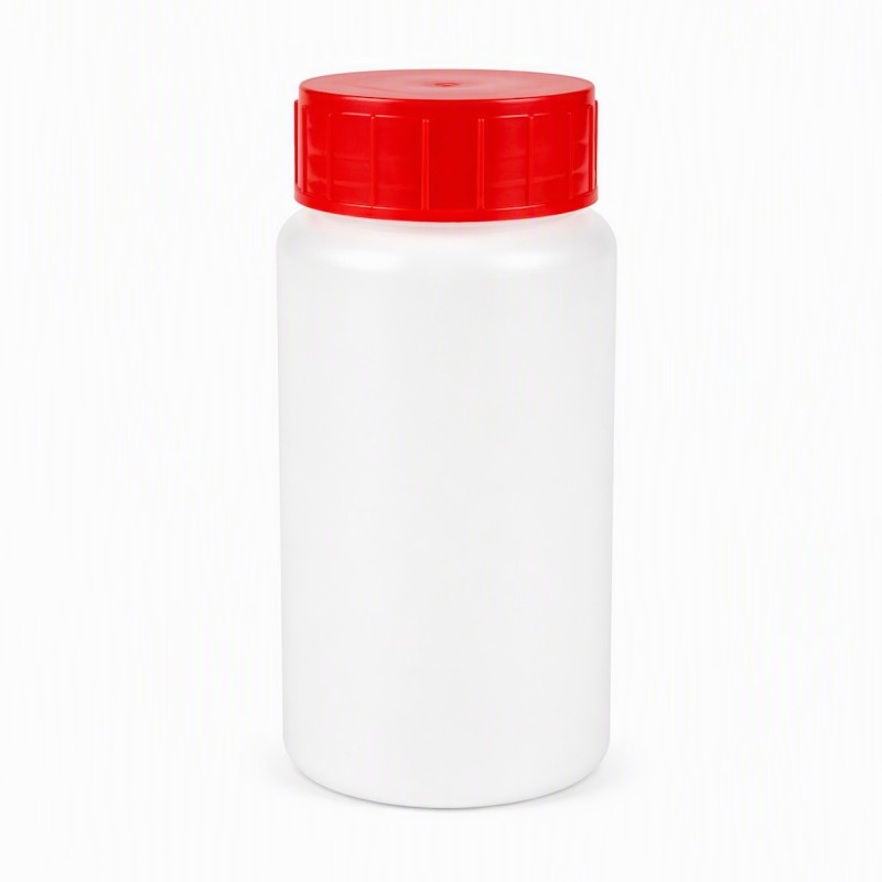 FLACON ROND  VISSANT 150ML PEHD NATUREL + OBTURATEUR + COUVERCLE ROUGE