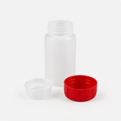 FLACON ROND  VISSANT 150ML PEHD NATUREL + OBTURATEUR + COUVERCLE ROUGE