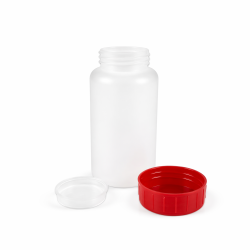 FLACON ROND VISSANT 250ML PEHD NATUREL + OBTURATEUR + COUVERCLE ROUGE