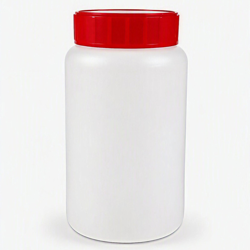 FLACON ROND VISSANT 500ML PEHD NATUREL + OBTURATEUR + COUVERCLE ROUGE