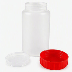 FLACON ROND VISSANT 500ML PEHD NATUREL + OBTURATEUR + COUVERCLE ROUGE